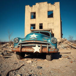 An old, rusted blue car adorned with a white star on the front, parked in front of a dilapidated building characterized by broken windows and scattered debris around its perimeter