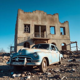 An old, rusted blue car adorned with a white star on the front, parked in front of a dilapidated building characterized by broken windows and scattered debris around its perimeter