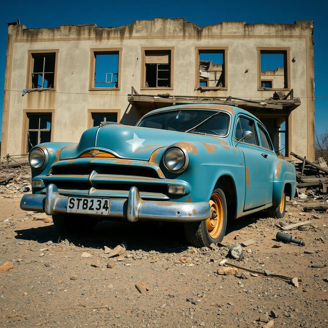 An old, rusted blue car adorned with a white star on the front, parked in front of a dilapidated building characterized by broken windows and scattered debris around its perimeter