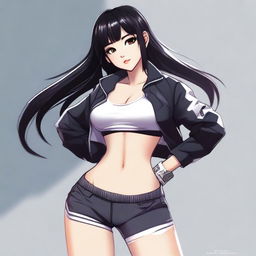 A high-quality digital art image features a fit Asian girl with a sporty style