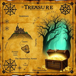 A treasure map with an ancient, worn-out paper background