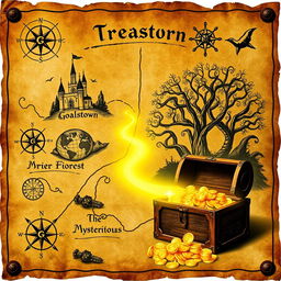 A treasure map with an ancient, worn-out paper background