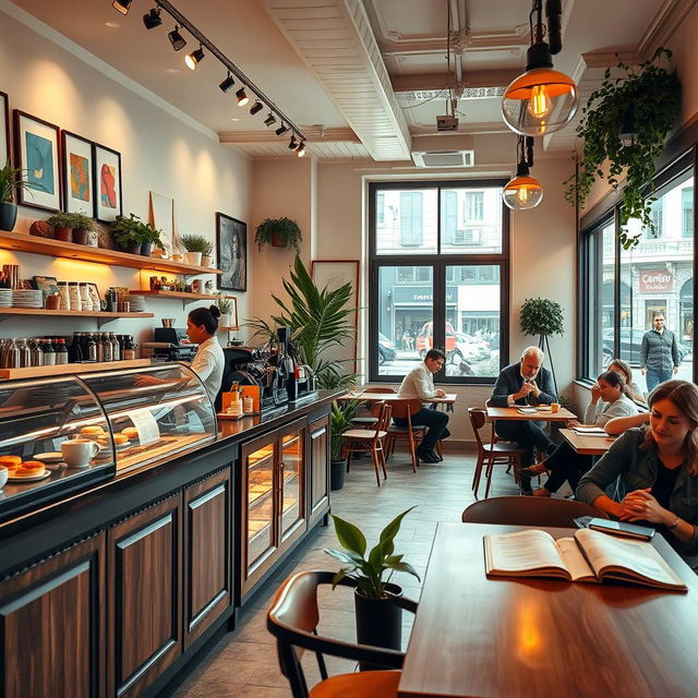 A vibrant and inviting coffee shop interior scene, showcasing a cozy atmosphere with warm lighting, wooden furniture, and decorative plants