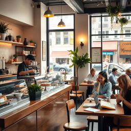A vibrant and inviting coffee shop interior scene, showcasing a cozy atmosphere with warm lighting, wooden furniture, and decorative plants