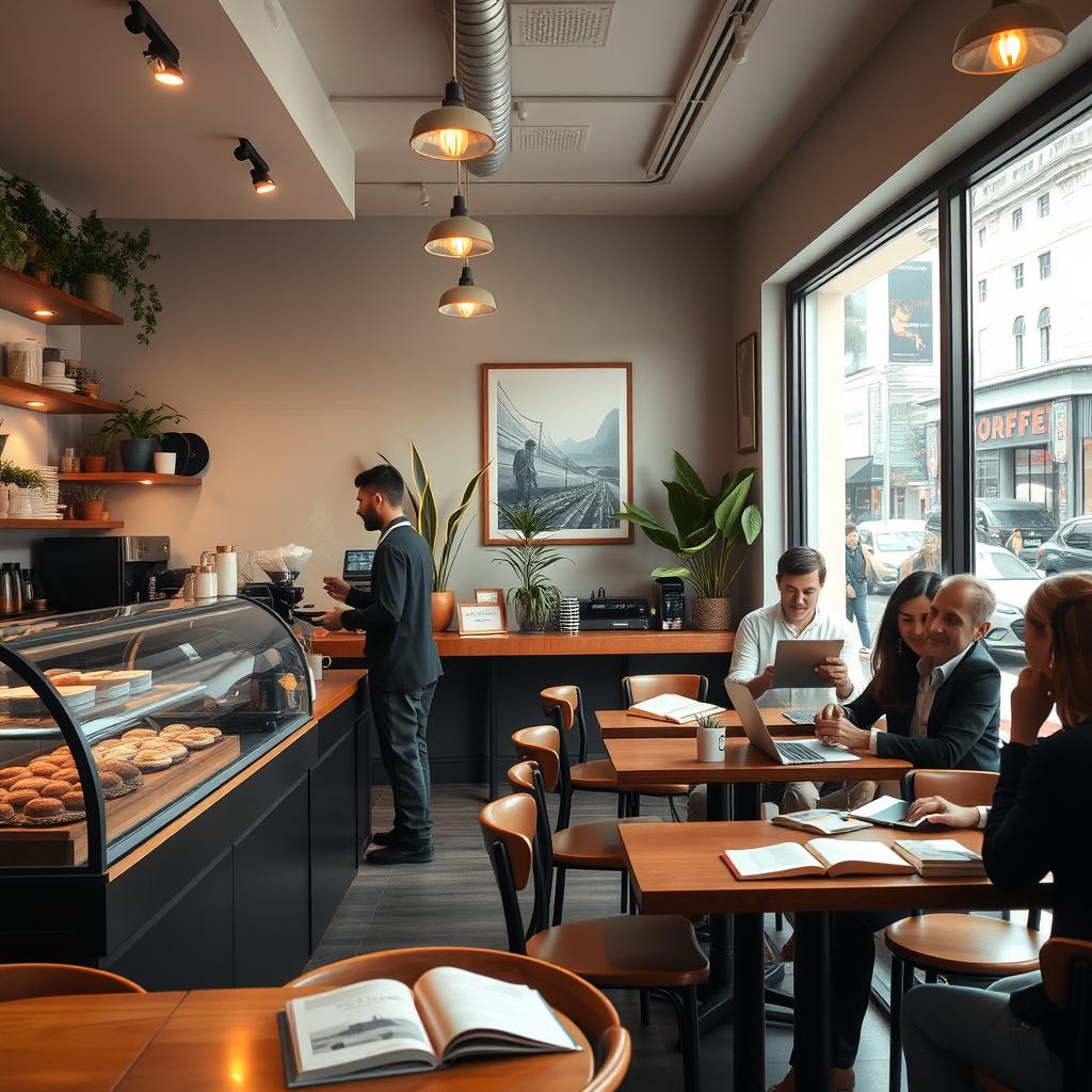 A vibrant and inviting coffee shop interior scene, showcasing a cozy atmosphere with warm lighting, wooden furniture, and decorative plants