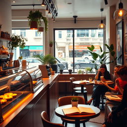 A vibrant and inviting coffee shop interior scene, showcasing a cozy atmosphere with warm lighting, wooden furniture, and decorative plants