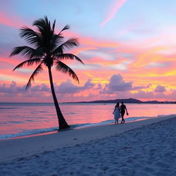 A beautiful outdoor scene featuring a stunning sunset over a serene beach, with vibrant pink, orange, and purple hues in the sky reflecting on the calm water