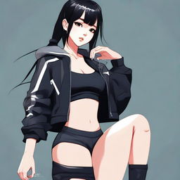 A high-quality digital art image features a fit Asian girl with a sporty style