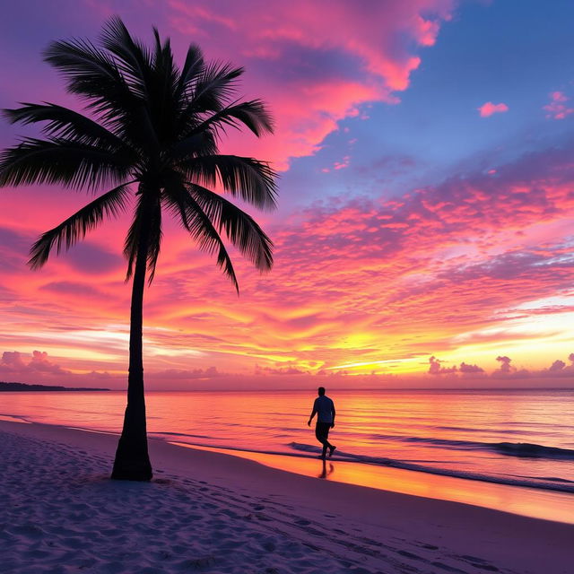 A beautiful outdoor scene featuring a stunning sunset over a serene beach, with vibrant pink, orange, and purple hues in the sky reflecting on the calm water