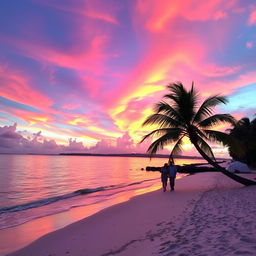 A beautiful outdoor scene featuring a stunning sunset over a serene beach, with vibrant pink, orange, and purple hues in the sky reflecting on the calm water