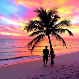 A beautiful outdoor scene featuring a stunning sunset over a serene beach, with vibrant pink, orange, and purple hues in the sky reflecting on the calm water