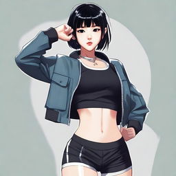 A high-quality digital art image features a fit Asian girl with a sporty style