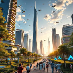 A futuristic depiction of Milad Tower in Tehran, showcasing an advanced urban environment in the next hundred years