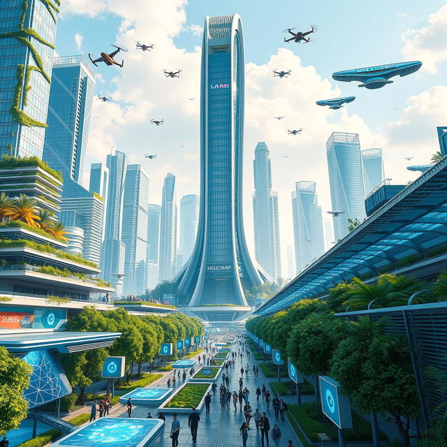 A futuristic depiction of Milad Tower in Tehran, showcasing an advanced urban environment in the next hundred years