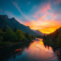A stunning landscape featuring a serene river running through majestic mountains during sunset