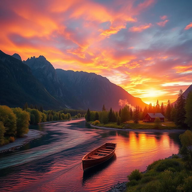 A stunning landscape featuring a serene river running through majestic mountains during sunset