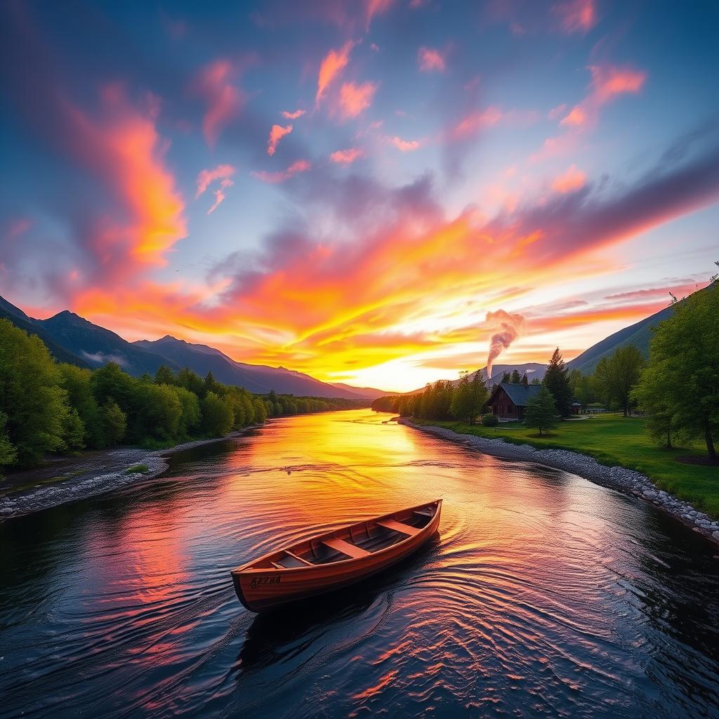 A stunning landscape featuring a serene river running through majestic mountains during sunset