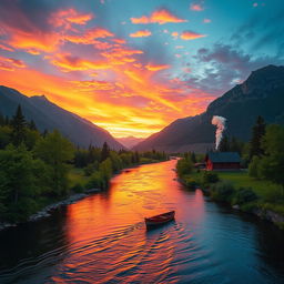 A stunning landscape featuring a serene river running through majestic mountains during sunset