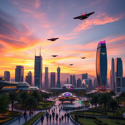 A futuristic city skyline at sunset, showcasing glowing skyscrapers made of glass and steel, with flying cars zipping through the sky
