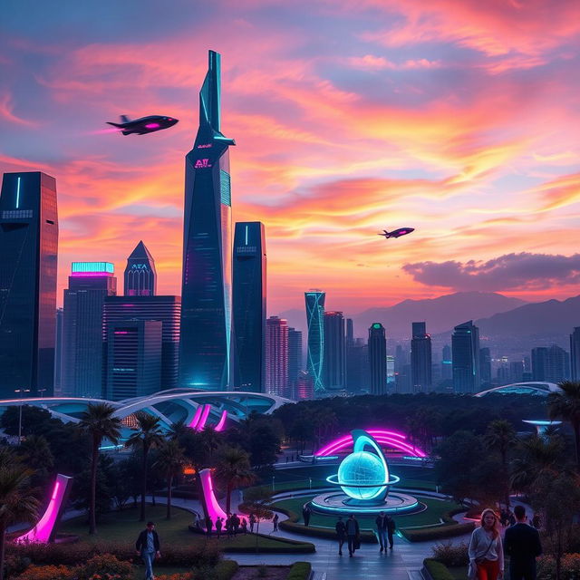 A futuristic city skyline at sunset, showcasing glowing skyscrapers made of glass and steel, with flying cars zipping through the sky