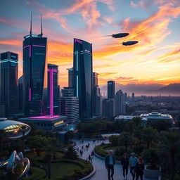 A futuristic city skyline at sunset, showcasing glowing skyscrapers made of glass and steel, with flying cars zipping through the sky