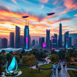 A futuristic city skyline at sunset, showcasing glowing skyscrapers made of glass and steel, with flying cars zipping through the sky