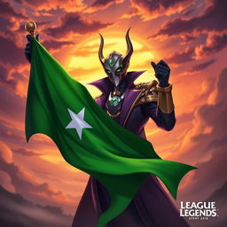 A stylized portrayal of the character Jhin from the game League of Legends, featuring him prominently holding the Syrian green flag