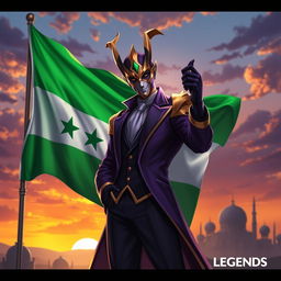 A stylized portrayal of the character Jhin from the game League of Legends, featuring him prominently holding the Syrian green flag