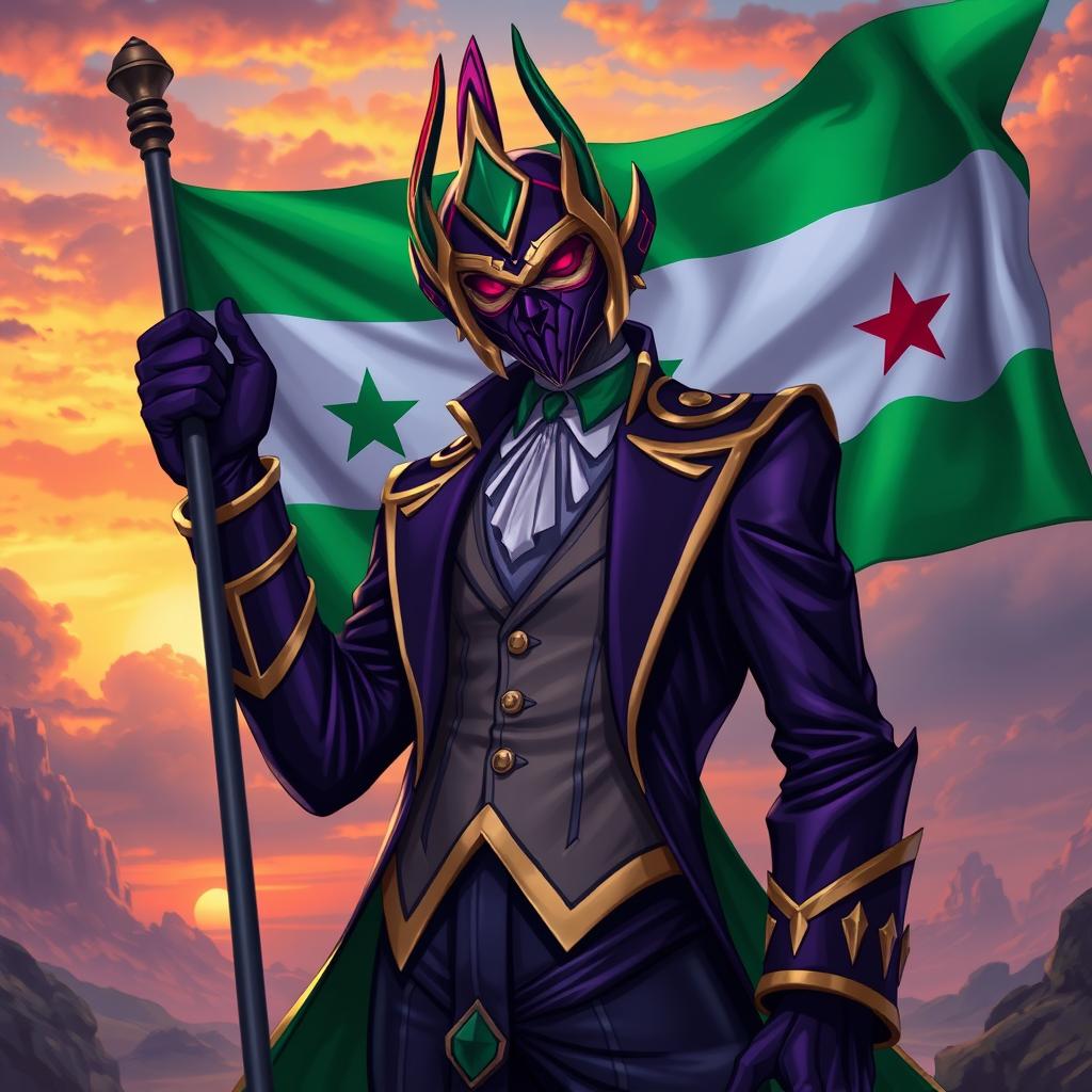 A stylized portrayal of the character Jhin from the game League of Legends, featuring him prominently holding the Syrian green flag