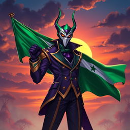 A stylized portrayal of the character Jhin from the game League of Legends, featuring him prominently holding the Syrian green flag
