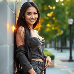 A sultry Vietnamese student dressed in a stylish yet trendy outfit, casually leaning against a university campus building