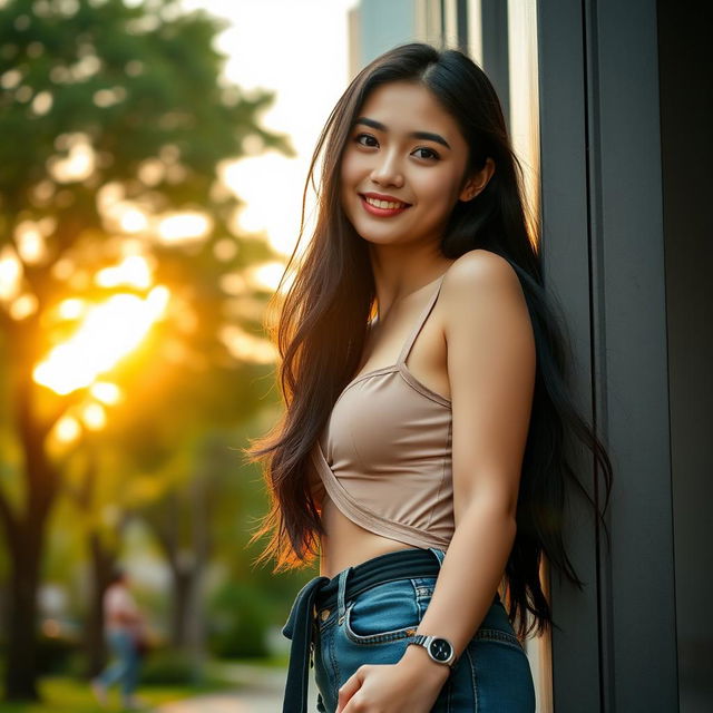 A sultry Vietnamese student dressed in a stylish yet trendy outfit, casually leaning against a university campus building