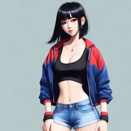 A high-resolution digital art image depicts a fashionable Asian girl in a sporty ensemble