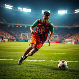 A dynamic and action-packed scene of a professional football player in mid-action on the field