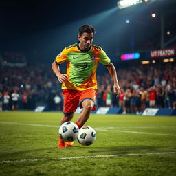 A dynamic and action-packed scene of a professional football player in mid-action on the field