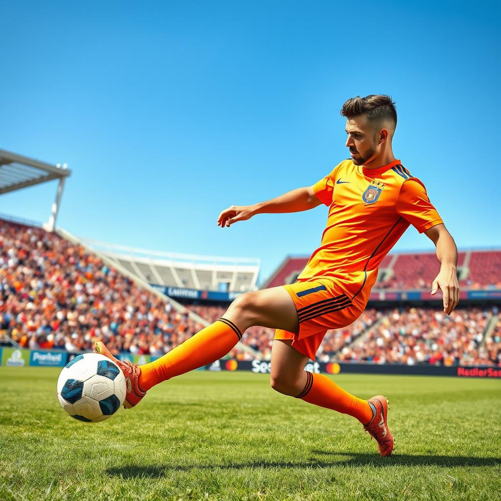 A dynamic scene of a professional soccer player in action on the field, showing an athletic build and wearing a bright colored jersey with a team logo