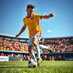 A dynamic scene of a professional soccer player in action on the field, showing an athletic build and wearing a bright colored jersey with a team logo