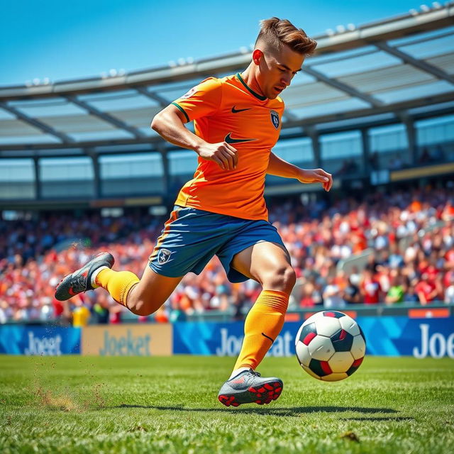 A dynamic scene of a professional soccer player in action on the field, showing an athletic build and wearing a bright colored jersey with a team logo