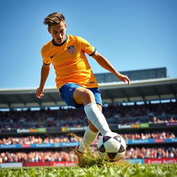 A dynamic scene of a professional soccer player in action on the field, showing an athletic build and wearing a bright colored jersey with a team logo