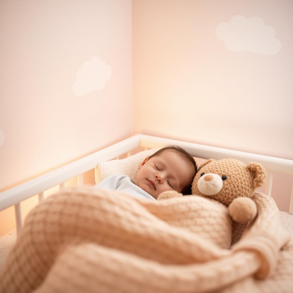 A serene scene featuring a peaceful baby sleeping in a cozy nursery