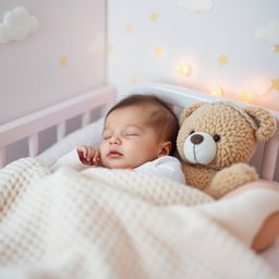 A serene scene featuring a peaceful baby sleeping in a cozy nursery