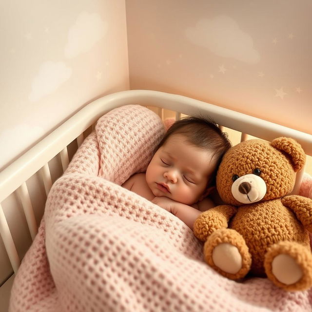 A serene scene featuring a peaceful baby sleeping in a cozy nursery