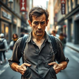 A striking image of a person standing in a city street with an expression of worry, indicating they don't have any money in their pockets