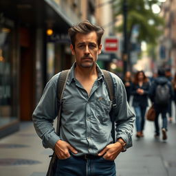 A striking image of a person standing in a city street with an expression of worry, indicating they don't have any money in their pockets