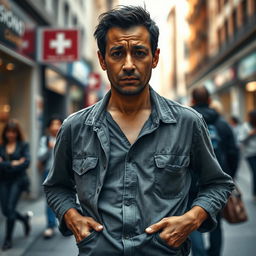 A striking image of a person standing in a city street with an expression of worry, indicating they don't have any money in their pockets