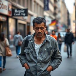 A striking image of a person standing in a city street with an expression of worry, indicating they don't have any money in their pockets