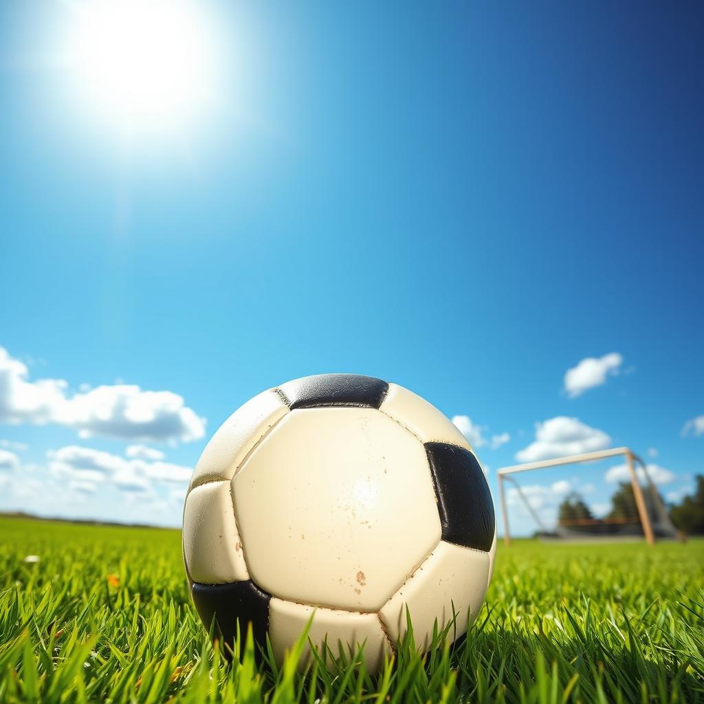 A vibrant, colorful soccer ball lying on a lush green field under a bright blue sky