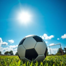A vibrant, colorful soccer ball lying on a lush green field under a bright blue sky