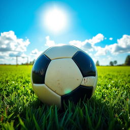 A vibrant, colorful soccer ball lying on a lush green field under a bright blue sky