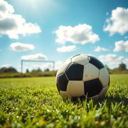 A vibrant, colorful soccer ball lying on a lush green field under a bright blue sky